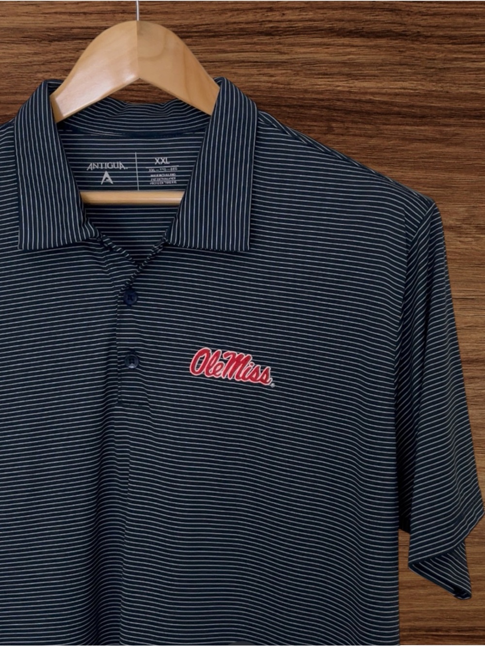 Antigua Navy with White Pin Stripes Polo. Ole Miss Stitch Size XXL